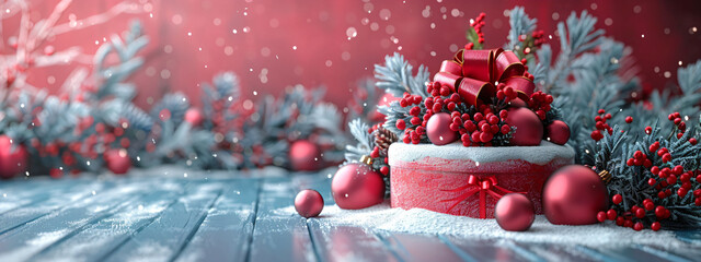 Christmas decoration for subject podium with fir branches, gifts, Christmas balls on red background. Podium for Christmas.