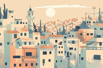 Fototapeta premium Risograph halftone riso print travel poster, card, wallpaper or banner illustration, modern, isolated, clear, simple of Ramallah, Palestine. Artistic, screen printing, stencil