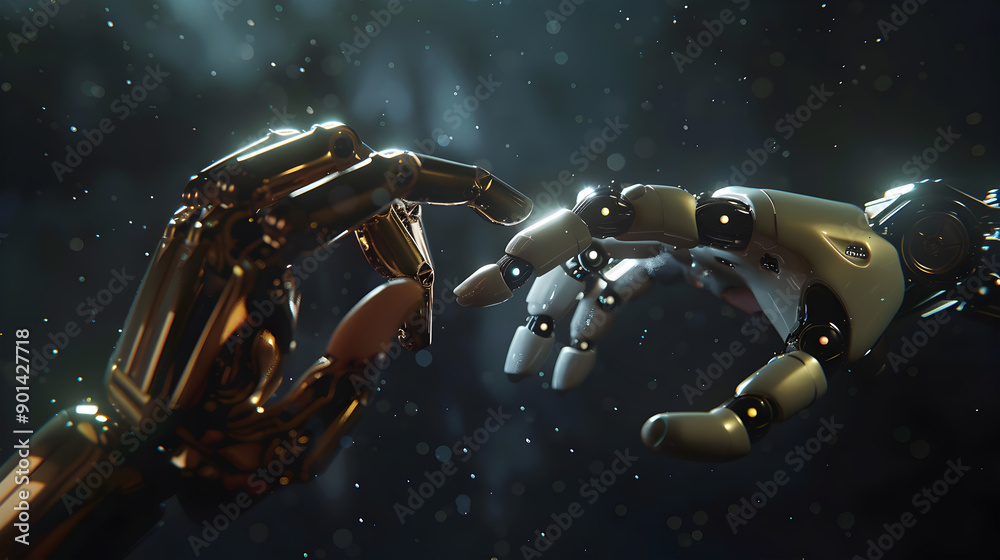 Wall mural robot hand making contact with human hand on dark background 3d rendering. generative ai.