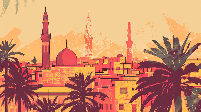 Risograph vibrant riso print travel poster, card, wallpaper or banner illustration, modern, isolated, clear, simple of Raqqa, Syria