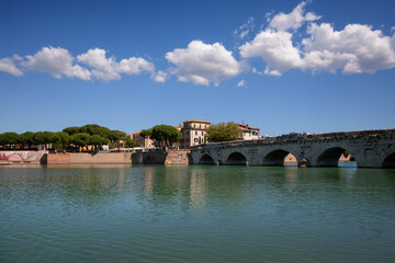 Historic Tiberius Bridge, ancient Roman architecture, Rimini landmark, built 21 AD.