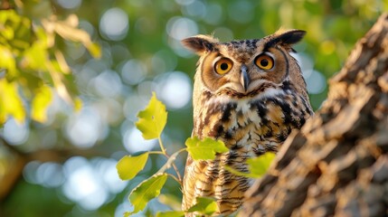 Fototapeta premium An owl with striking orange eyes perched on a tree, looking directly at the camera, displaying its beautiful feathers and surrounded by blurred leafy green background.