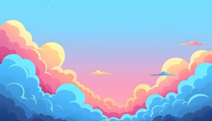 Fototapeta premium Cartoon cloud scene. Pink clouds. Pink sunset, dawn cloud sky. Flat vector illustration.