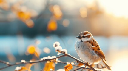 A beautifully detailed close-up of a sparrow sitting on a snowy branch, lit by the soft, golden sunlight of winter. The bird is framed by frosty, yellow leaves.