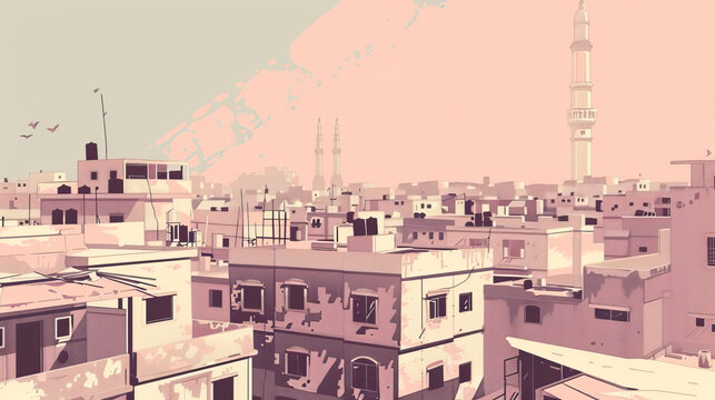 Risograph vibrant riso print travel poster, card, wallpaper or banner illustration, modern, isolated, clear, simple of Raqqa, Syria