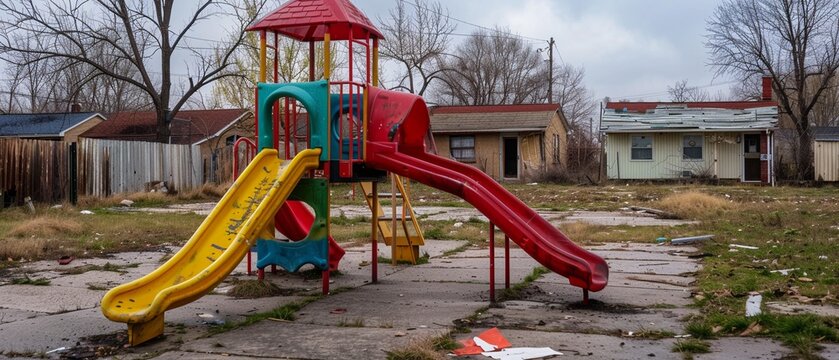 The stark contrast of a colorful playground next to boarded-up homes, highlighting the innocence of youth amid economic turmoil