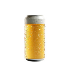 Cold beer can with frothy head and condensation on surface, isolated on white background. Perfect for refreshment or beverage concept.