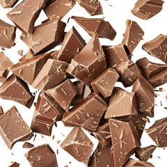Close-up shot of broken milk chocolate pieces on a white background. Ideal for food, dessert, and confectionery concepts.