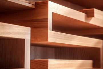 Close up detail of modern wooden shelf with elegant craftsmanship and smooth finish, showcasing the warm tones and clean lines of the wood grain texture