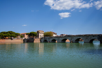 Historic Tiberius Bridge, ancient Roman architecture, Rimini landmark, built 21 AD.