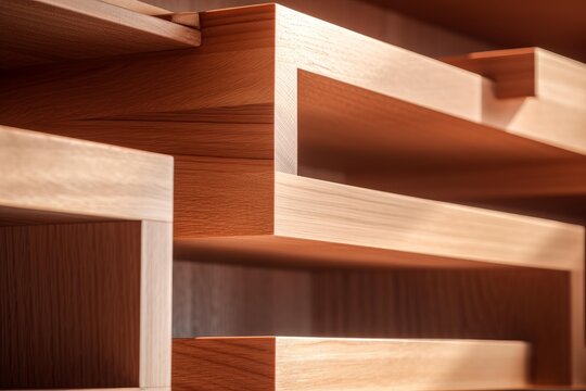 Close up detail of modern wooden shelf with elegant craftsmanship and smooth finish, showcasing the warm tones and clean lines of the wood grain texture