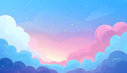 Cartoon cloud scene. Pink clouds. Pink sunset, dawn cloud sky. Flat vector illustration.