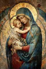 Virgin Mary with baby Jesus. AI generative.