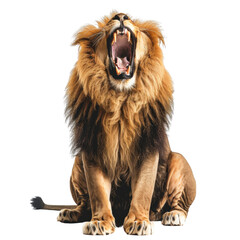 Majestic lion roaring in front-facing pose, showcasing its powerful jaw and magnificent mane, isolated on white background. © JR-50