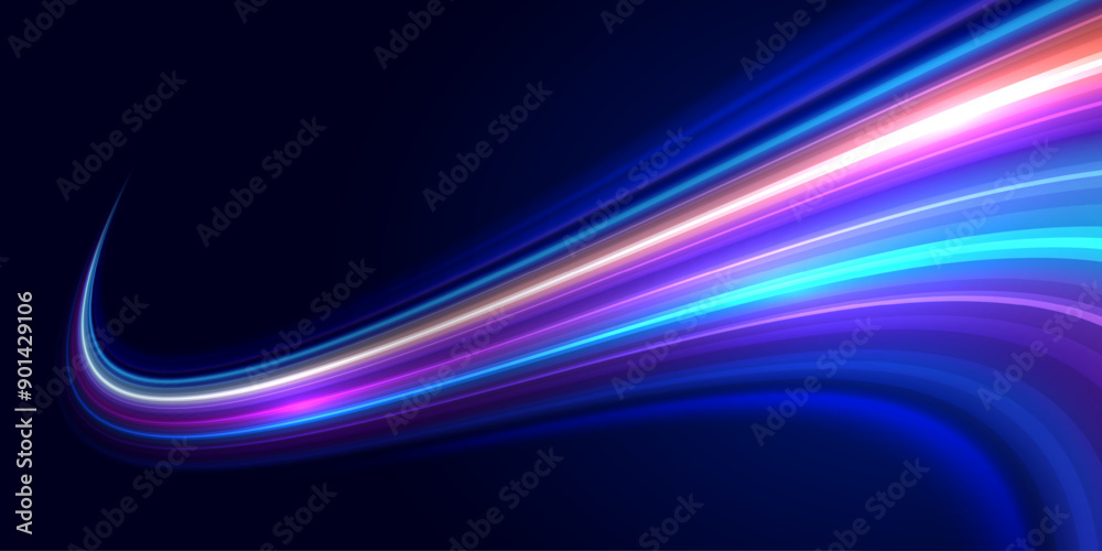Fototapete abstract high speed movement background. speed line neon glowing curves. dynamic motion light trails