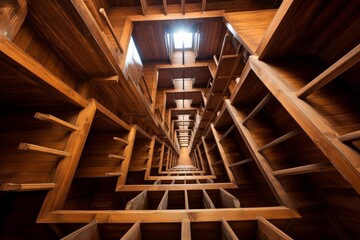 Fototapeta premium Captivating abstract wooden staircase perspective in modern architecture with symmetrical design, geometric patterns, and intriguing overhead view of intricate craftsmanship and warm tones