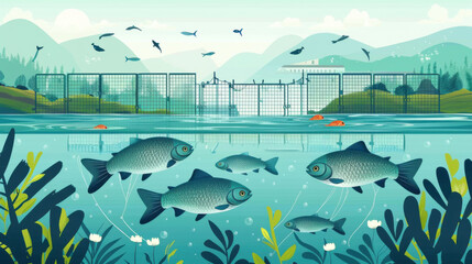 Illustration of fish swimming in an aquatic farm with mountains and birds in the background, featuring clear water and greenery.