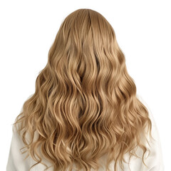 Fototapeta premium Wavy blonde hair cascading down the back of a person wearing a white garment, showcasing beautiful natural waves and healthy shine.