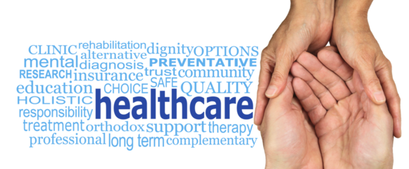 Care in the Community Healthcare concept Word cloud transparent png - female hands gently holding male cupped hands beside a HEALTHCARE word cloud 
