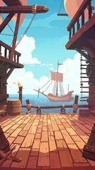 Handdoek met foto Piraten game background, background Pirate ship wooden deck onboard view  © Kitta Studio