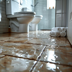 A bathroom with a toilet and two towels on the floor