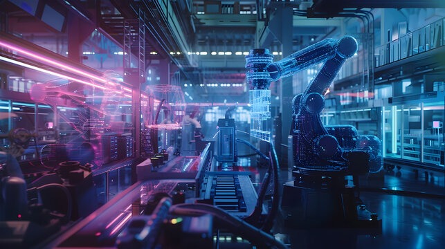  Smart factory, industry 4.0 M2M computer aided manufacturing 3D Robot automated team working AI chatbot future process futuristic industry engineering background. Generative Ai.