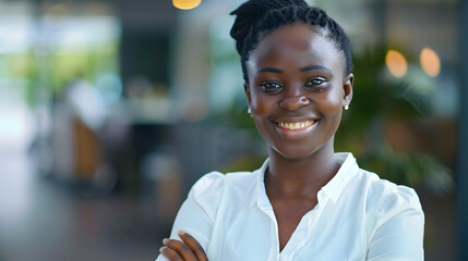 Smiling African woman, online business interface. Generative Ai.