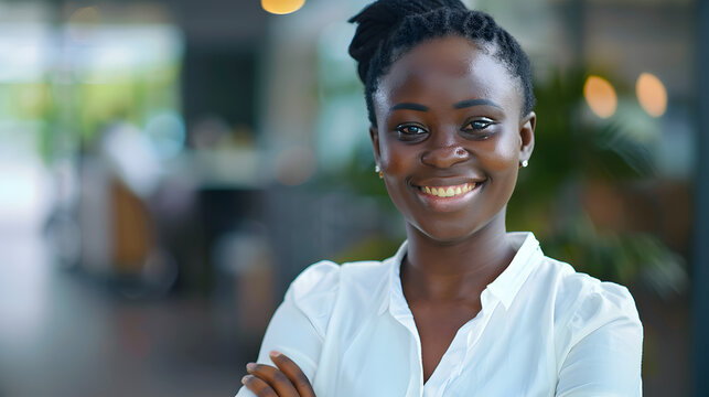 Smiling African woman, online business interface. Generative Ai.