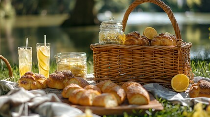 Fototapeta premium Fresh buns and citrus lemonade in park photo. Delicious healthy food. Baked snacks and drinks on summer picnic image background wallpaper. Eating outdoors concept picture realistic