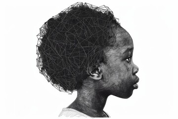 Artistic grayscale illustration of a childs profile with neural connections symbolizing the development of human cognition and neural networks