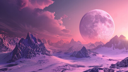 Pink and Purple Alien Landscape with Mountains And Big Moon. Surreal Illustration