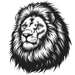 Obraz premium Intricate black and white illustration of a lion's head, showcasing detailed line work and shading for artistic purposes.