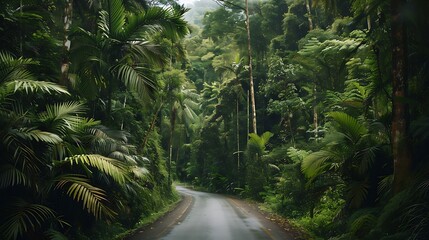 Naklejka premium A narrow road meanders through a lush forest, with tall, dense trees on both sides. The atmosphere is peaceful, with only the sound of a gentle breeze rustling the leaves.