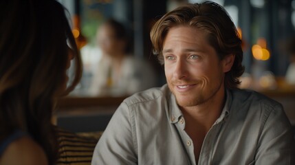 Fototapeta premium Happy european male with woman friend in restaurant image. Positive caucasian man on date with girlfriend photography scene wallpaper. Leisure concept photorealistic photo