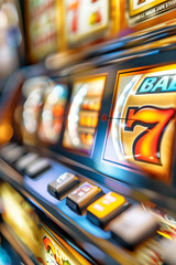 Gaming hall with slot machines, casino. AI generative.