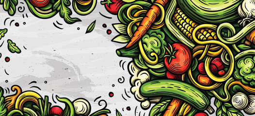 Vegetables cartoon vector doodle background. Veggies banner design. Nature elements and objects illustration.