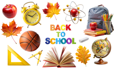 Back to School banner, PNG Set of school elements isolated on white transparent background, png clipart. Back to School text surrounding stationery, textbook, word globe and student supplies