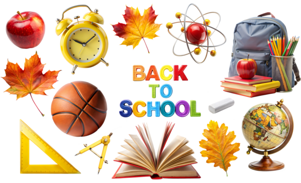 Back to School banner, PNG Set of school elements isolated on white transparent background, png clipart. Back to School text surrounding stationery, textbook, word globe and student supplies