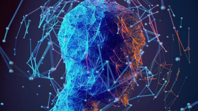 AI human figure surrounded by data cloud. Emergence of general AI, singularity, human artificial intelligence hybrid, synergy, symbiosis