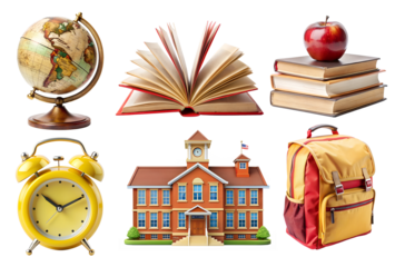 Back to School PNG Set. Collection with school elements isolated on white transparent background, png clipart. School building, textbooks, word globe and student bag