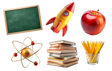 Back to School PNG Set. Collection with school elements isolated on white transparent background, png clipart. School board, apple, pencils and textbooks with a rocket