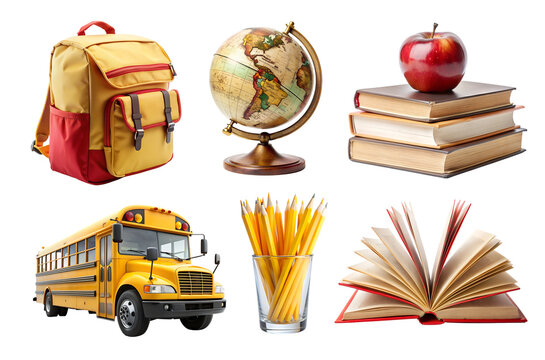 Back to School PNG Set with school elements isolated on white transparent background, png element clipart. School yellow bus, world globe, bag and school books