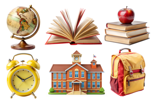 Back to School PNG Set. Collection with school elements isolated on white transparent background, png clipart. School building, textbooks, word globe and student bag
