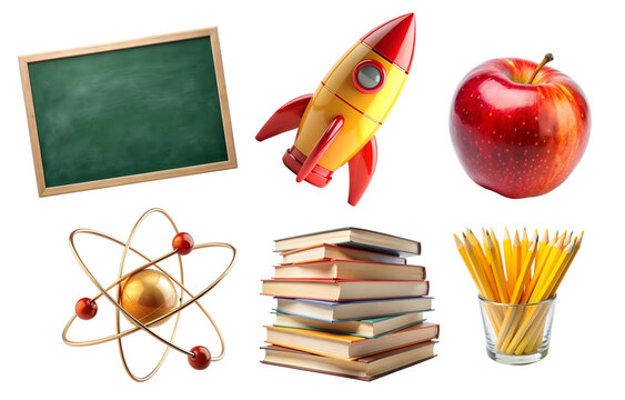 Back to School PNG Set. Collection with school elements isolated on white transparent background, png clipart. School board, apple, pencils and textbooks with a rocket