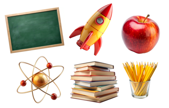 Back to School PNG Set. Collection with school elements isolated on white transparent background, png clipart. School board, apple, pencils and textbooks with a rocket - Powered by Adobe