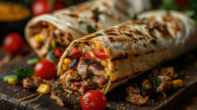 A close-up of two grilled chicken burritos filled with vibrant ingredients like corn, tomatoes, red peppers, and garnished with fresh herbs on a rustic wooden table