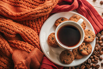 Flat Lay Coffee and Cookie Scene, White Cup, Cozy Setup, Elegant Coffee and Cookie Flat Lay, White Cup, Cozy Setting, Romantic Coffee Scene, Soft Lighting, Cozy Decor