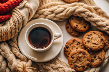 Flat Lay Coffee and Cookie Scene, White Cup, Cozy Setup, Elegant Coffee and Cookie Flat Lay, White Cup, Cozy Setting, Romantic Coffee Scene, Soft Lighting, Cozy Decor