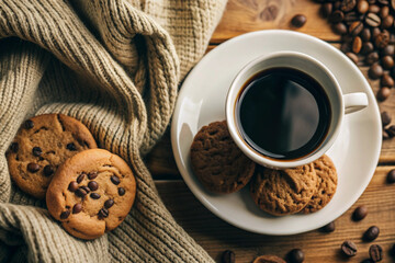Flat Lay Coffee and Cookie Scene, White Cup, Cozy Setup, Elegant Coffee and Cookie Flat Lay, White Cup, Cozy Setting, Romantic Coffee Scene, Soft Lighting, Cozy Decor