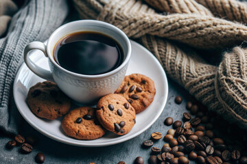 Flat Lay Coffee and Cookie Scene, White Cup, Cozy Setup, Elegant Coffee and Cookie Flat Lay, White Cup, Cozy Setting, Romantic Coffee Scene, Soft Lighting, Cozy Decor